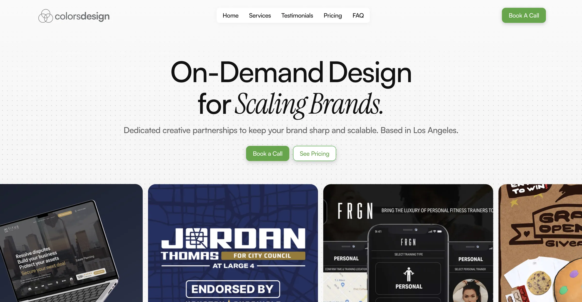 Studio home page. On-demand design headline over a running strip of live client work, with pricing one click away.