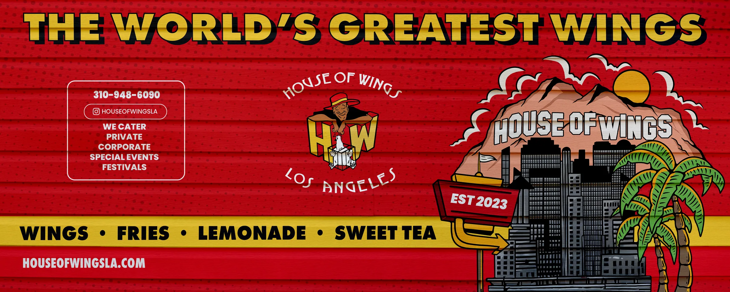 The driver side wrap as flat production artwork, 4500 by 1800. The worlds greatest wings headline across the top, the mark and the catering panel in the middle, and the menu strip in yellow beneath an illustrated Los Angeles skyline.