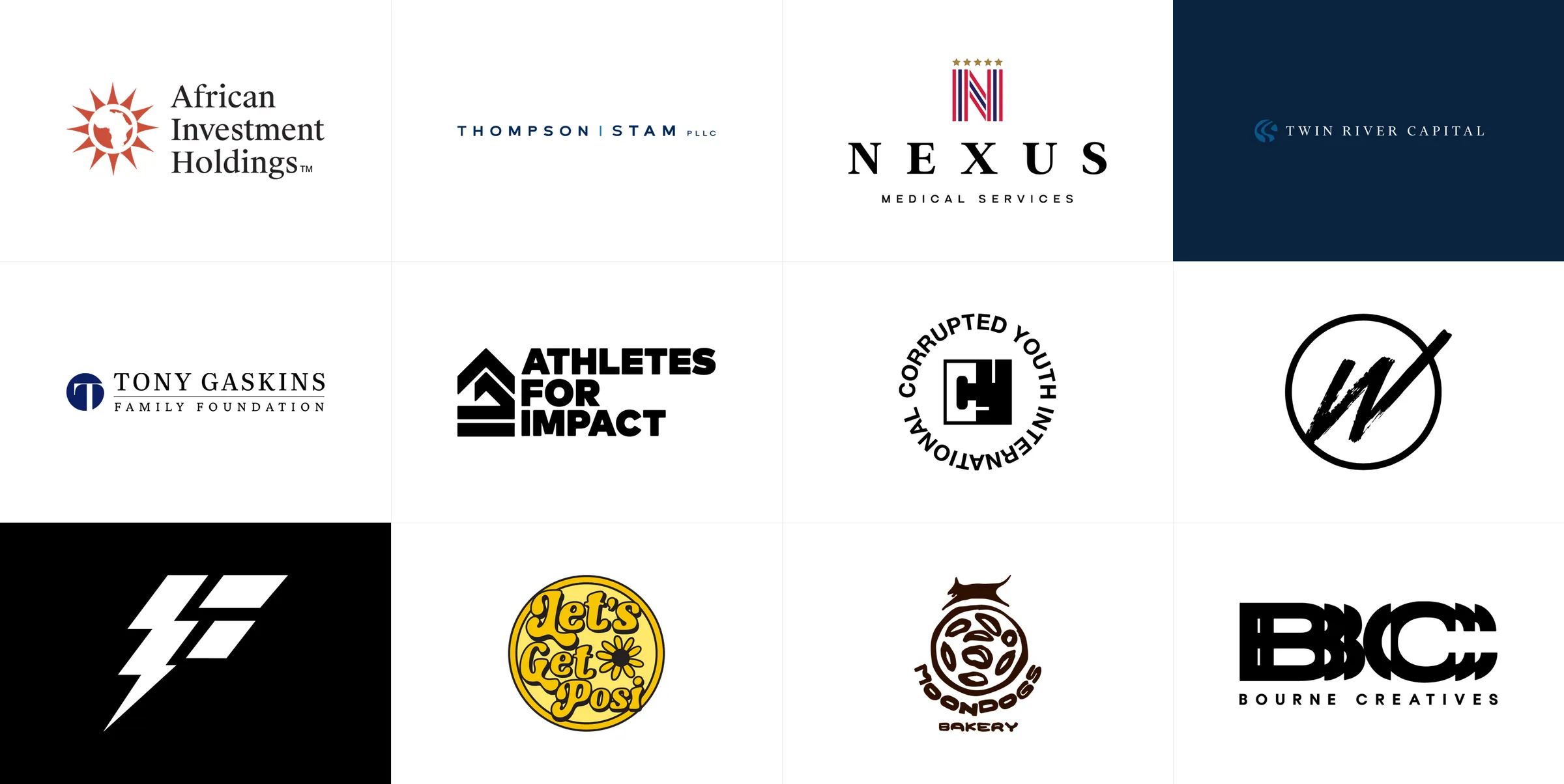 Twelve logos laid out on a twelve cell grid, showing the range across industries.