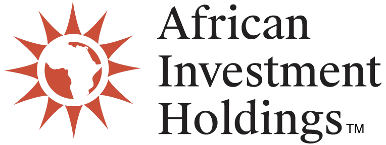 African Investment Holdings. The continent set inside a sunburst beside a three line serif wordmark, weighted for letterhead and stamp use.