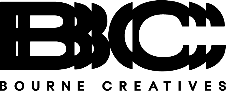 Bourne Creatives. A B and a C cut from the same slab and overlapped, with the name spaced out beneath in caps.