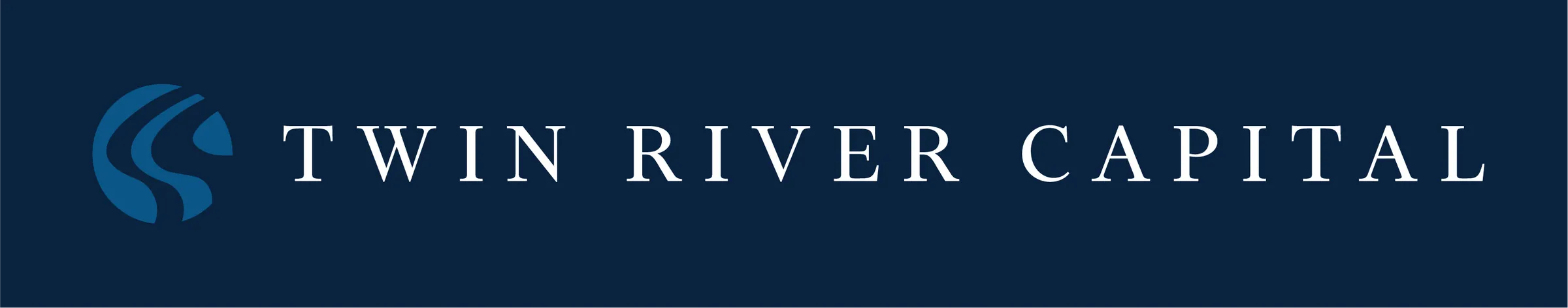 Twin River Capital reversed out of navy. Two currents drawn as one mark beside a wide spaced serif wordmark.
